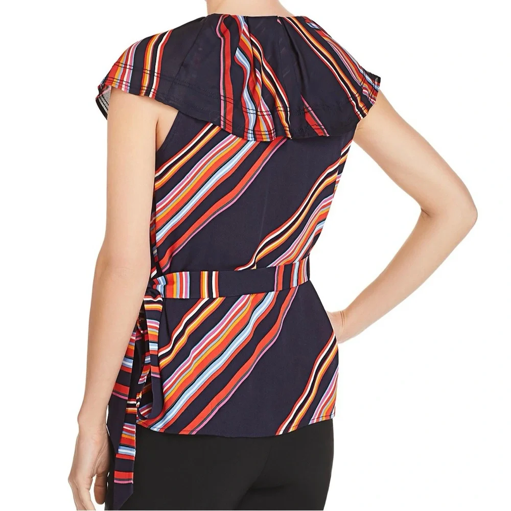 Tory Burch Amelia Navy Blue Multicolor Stripe Ruffled Wrap Blouse Top Sz 8